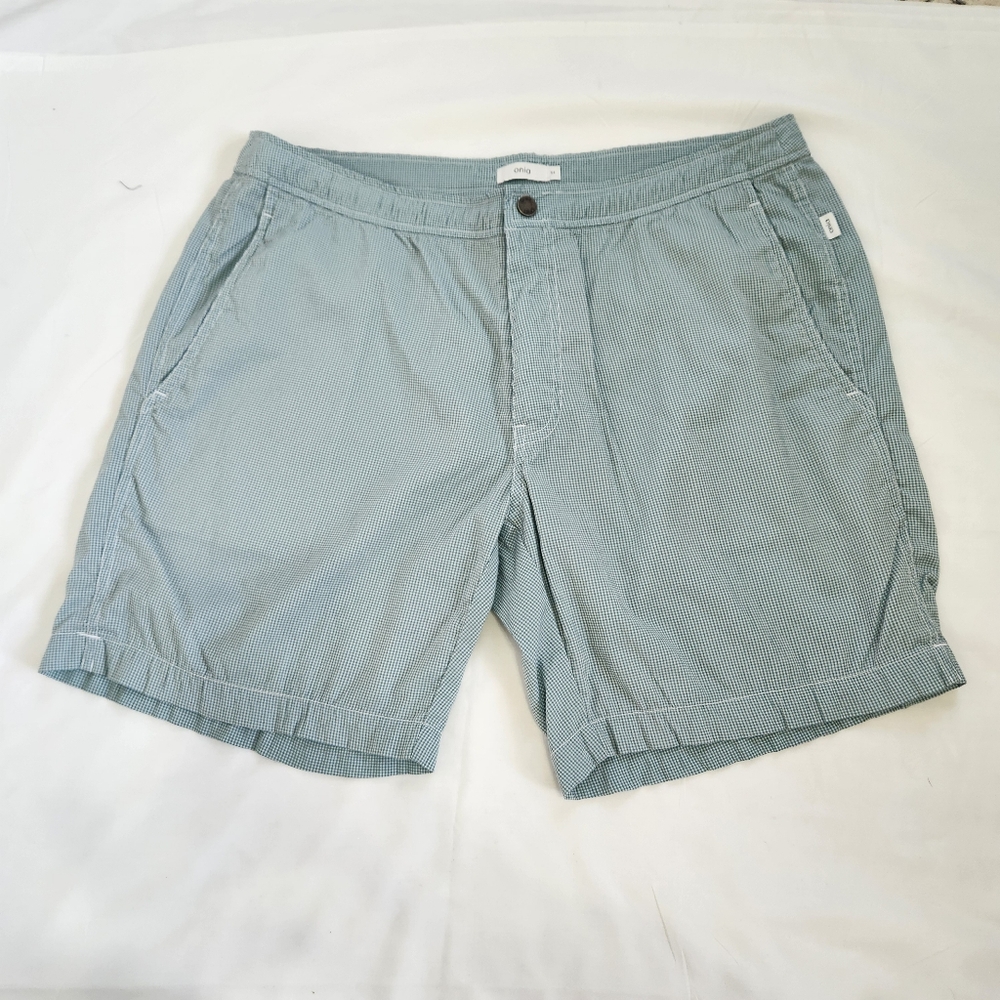 Onia Calder 7.5" Swim Trunks Board Shorts Green Micro Gingham 34